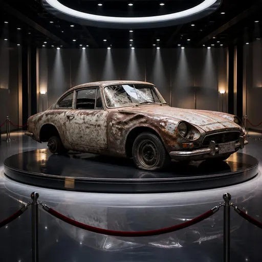 Ein Schrottauto auf einer Automesse.